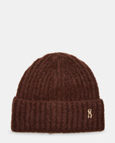 LOGO BEANIE Dark Brown Fuzzy RIbbed Knit Women's Beanie | Steve Madden US