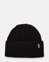 LOGO BEANIE Black Fuzzy RIbbed Knit Women's Beanie | Steve Madden outlet