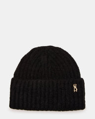 LOGO BEANIE Black Fuzzy RIbbed Knit Women's Beanie | Steve Madden outlet