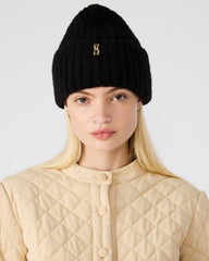 LOGO BEANIE Black Fuzzy RIbbed Knit Women's Beanie | Steve Madden outlet