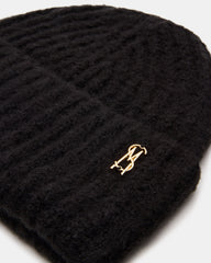 LOGO BEANIE Black Fuzzy RIbbed Knit Women's Beanie | Steve Madden outlet