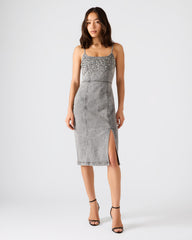 EMBELLISHED GISELLE Fog Denim Midi Women's Dress with Slit | Steve Madden on Sale
