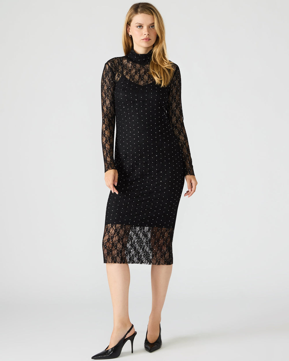 VIVIENNE Black Studded Lace Women's Mock Neck Midi Dress | Steve Madden discount