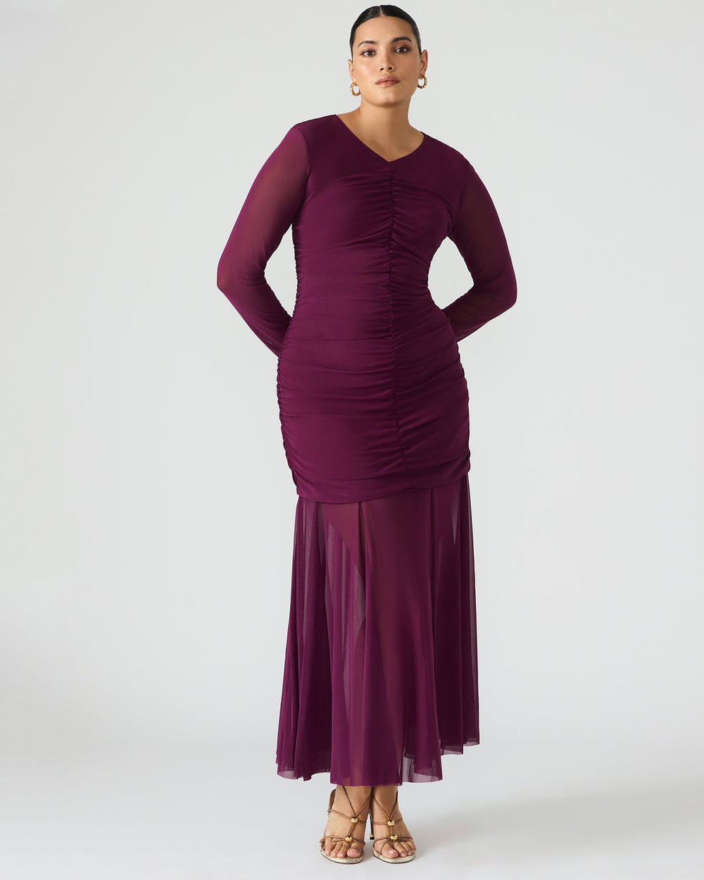 KIARA Beet Long-Sleeved Maxi Mesh Flowy Women's Dress | Steve Madden Sale