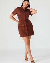 JOLIANA Dark Fig Short-Sleeved Mini Button-Up Women's Dress | Steve Madden on Sale