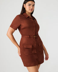 JOLIANA Dark Fig Short-Sleeved Mini Button-Up Women's Dress | Steve Madden on Sale