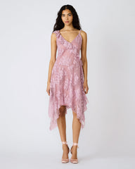 DARIELLA Mauve Shadows Sleeveless Asymmetrical Ruffle Lace Mesh Women's Midi Dress | Steve Madden for Sale