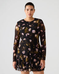 BLISS Black Ditsy Floral Long-Sleeved Floral Print Mesh Sheer Mini Women's Dress | Steve Madden outlet