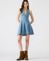 MALIA Denim Women's Halter Back Neck Tie Mini Dress | Steve Madden online