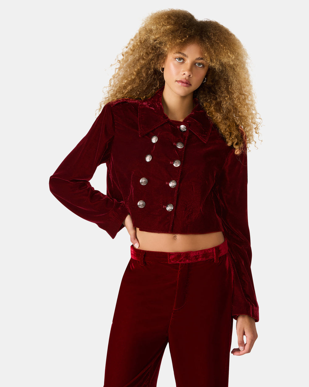 TONIA Red Velvet Button-Up Long-Sleeved Women's Blazer Jacket | Steve Madden on Sale