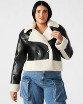 ATHEN Black Women's Faux Leather Shearling Trim Jacket | Steve Madden on Sale