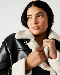 ATHEN Black Women's Faux Leather Shearling Trim Jacket | Steve Madden on Sale