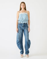 ROAN Dusty Blue Sleeveless Lace Trime Cinched Waist Women's Top | Steve Madden for Sale