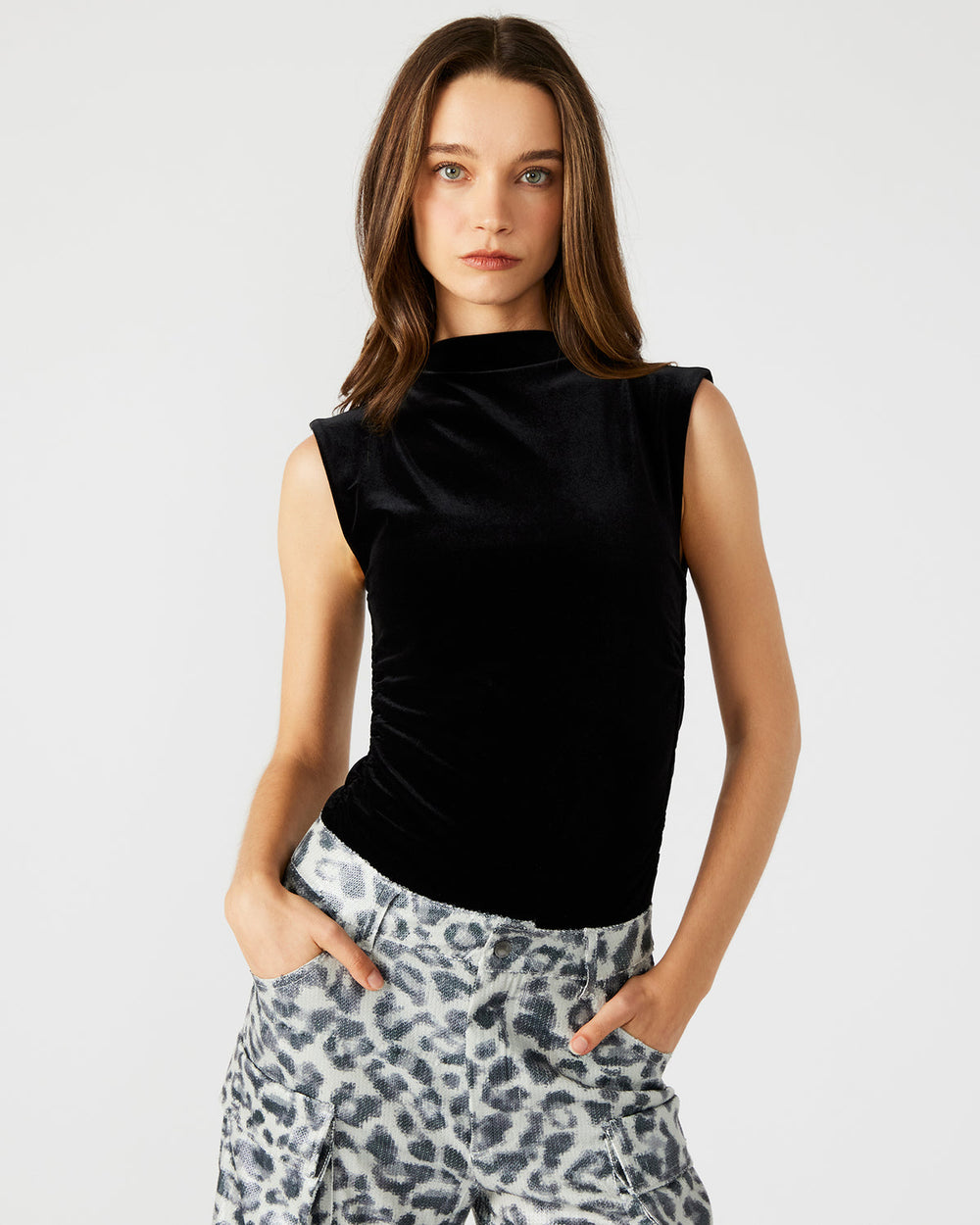 NIKOLA Black Women's Mock Neck Velvet Bodysuit | Steve Madden for Sale
