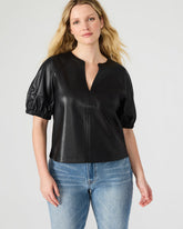 ROXANNE Black Short-Sleeved Faux Leather Puff Sleeve Women's Top | Steve Madden near me