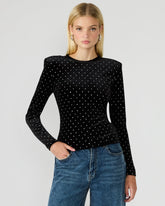 MADILYN Black Studded Velvet Long-Sleeved Rhinestone Embellished Women's Top | Steve Madden discount