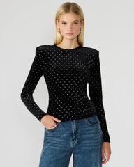 MADILYN Black Studded Velvet Long-Sleeved Rhinestone Embellished Women's Top | Steve Madden discount
