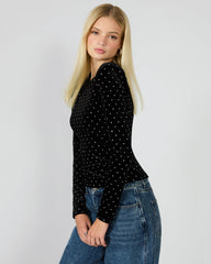 MADILYN Black Studded Velvet Long-Sleeved Rhinestone Embellished Women's Top | Steve Madden discount
