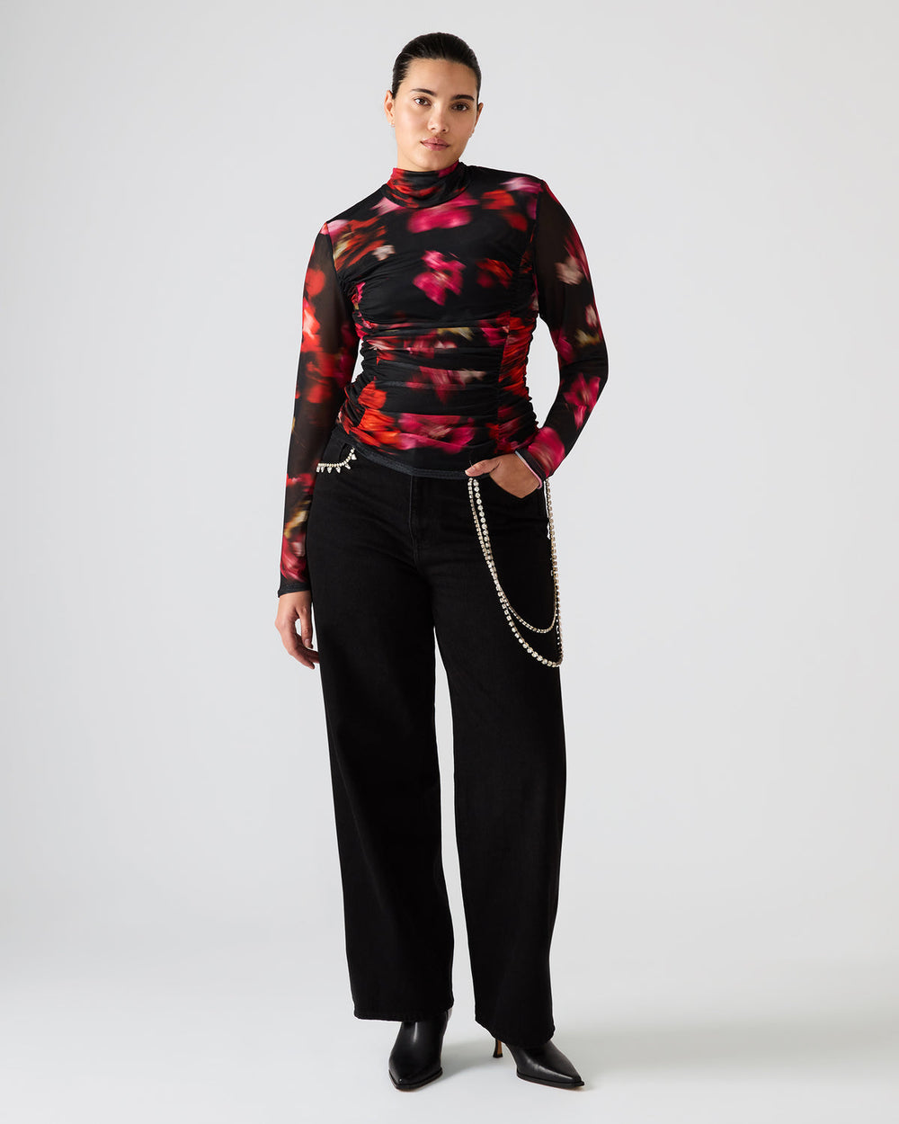 TAYLORE Blurry Floral Long-Sleeved Sheer Mesh Fabric Women's Top | Steve Madden online