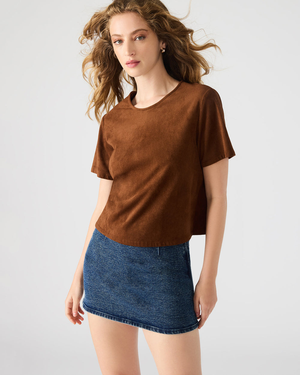 EZRA Chicory Coffee Short-Sleeved Faux-Suede Women's Top | Steve Madden for Sale