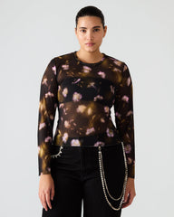 LILIANNA Black Multi Mesh Sheer Long-Sleeved Floral Print Women's Top | Steve Madden discount