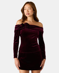 LICI Wine Long-Sleeved Velvet Rose Off-The-Shoulder Women's Top | Steve Madden Sale
