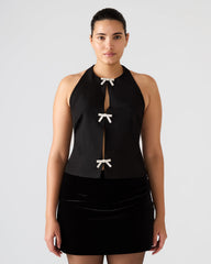 JUVIA Black Sleeveless Bow Detail Halter Women's Top | Steve Madden for Sale