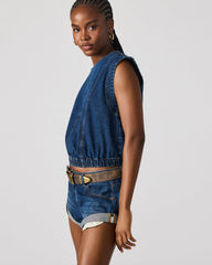 LEILA Denim Dark Blue Sleeveless Zipper Detail Women's Top | Steve Madden discount