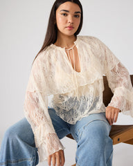 SAYLOR Cream Long-Sleeved Ruffle Mesh Lace Women's Top | Steve Madden US