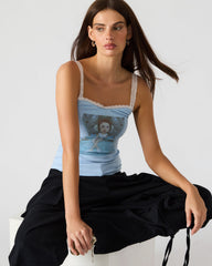 LOVE GOLDIE Surf Blue Lace Trim Sleeveless Graphic Women's Tank Top | Steve Madden for Sale