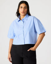 TULA Blue/White Women's Collared Button-Up Pinstripe Top | Steve Madden on Sale