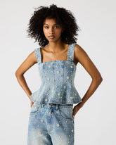 PENELOPI Denim Ruffle Fabric Pearl Embellished Women's Tank Top | Steve Madden US