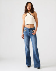 IRYS Dark Navy High-Rise Flare Gold Detail Buttons Women's Jean | Steve Madden Sale