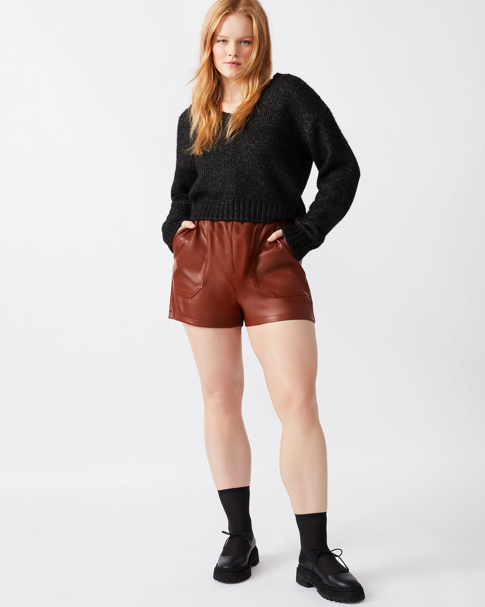 FAUX THE RECORD Short Cognac | Women's Faux Leather Short | Steve Madden outlet