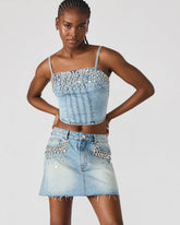 ERAS Denim Rhinestone Embellished Corset Cropped Matching Set Women's Top | Steve Madden US