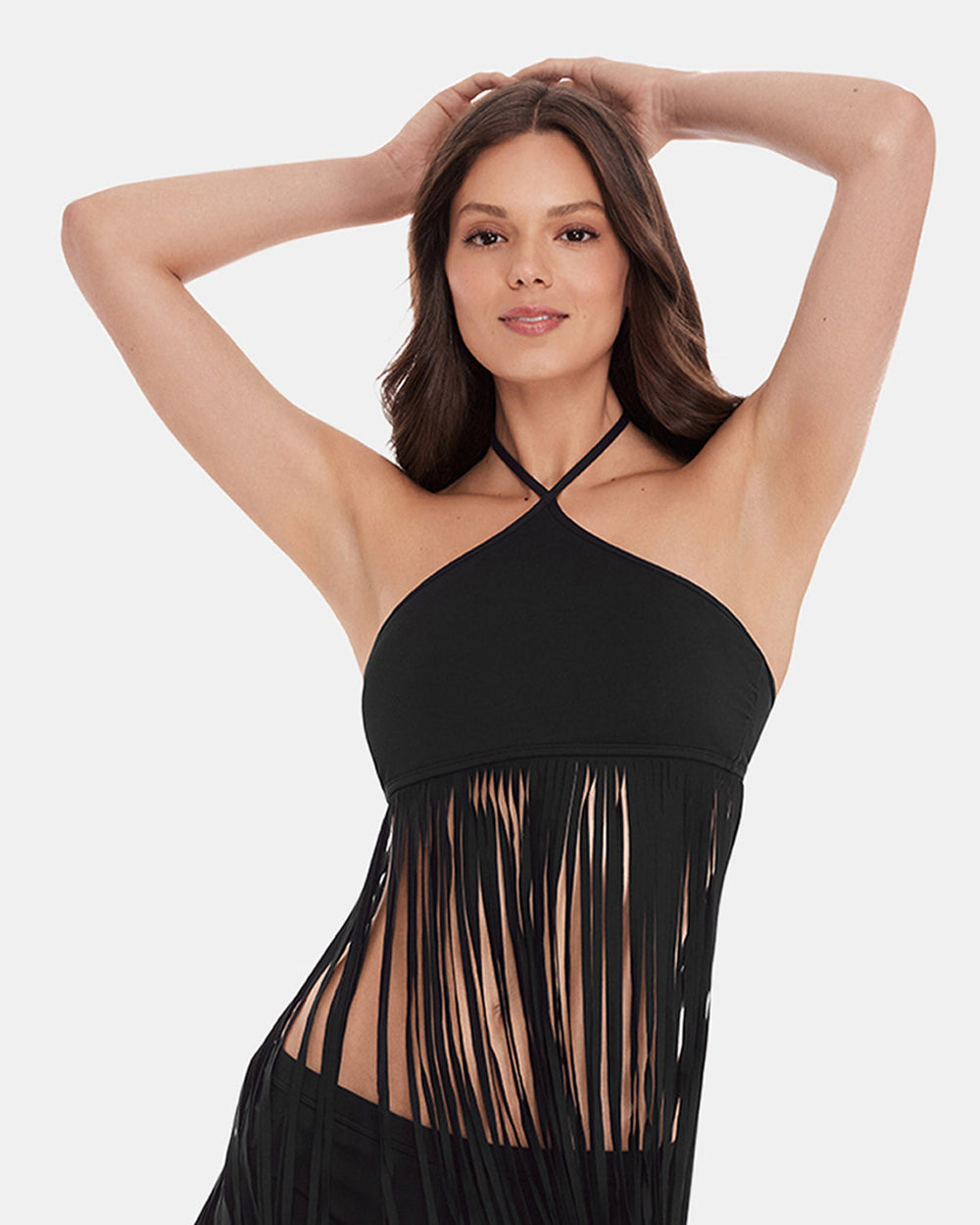 WHAT A STUD BIKINI TOP Black Halter Neckline Fringe Women's Bikini Top | Steve Madden on Sale