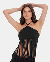 WHAT A STUD BIKINI TOP Black Halter Neckline Fringe Women's Bikini Top | Steve Madden on Sale
