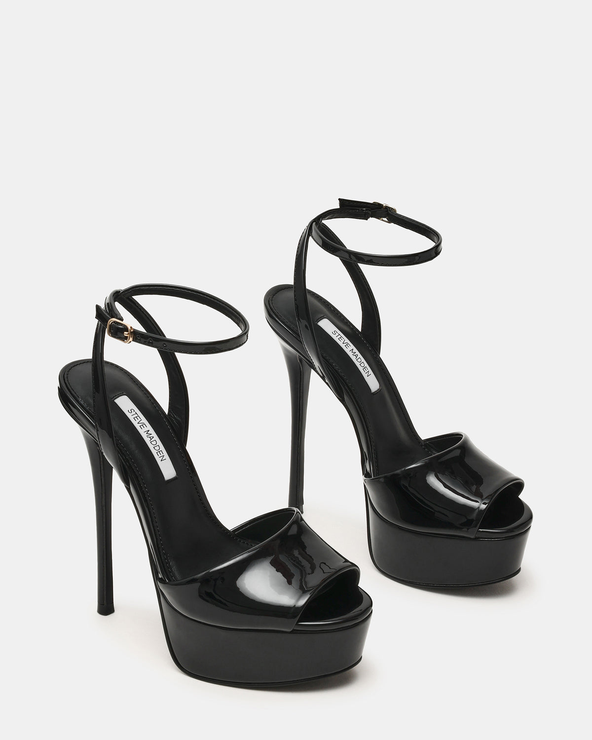 JEZZICA Black Patent Platform Stiletto Ankle Strap Women's Heel | Steve Madden Sale