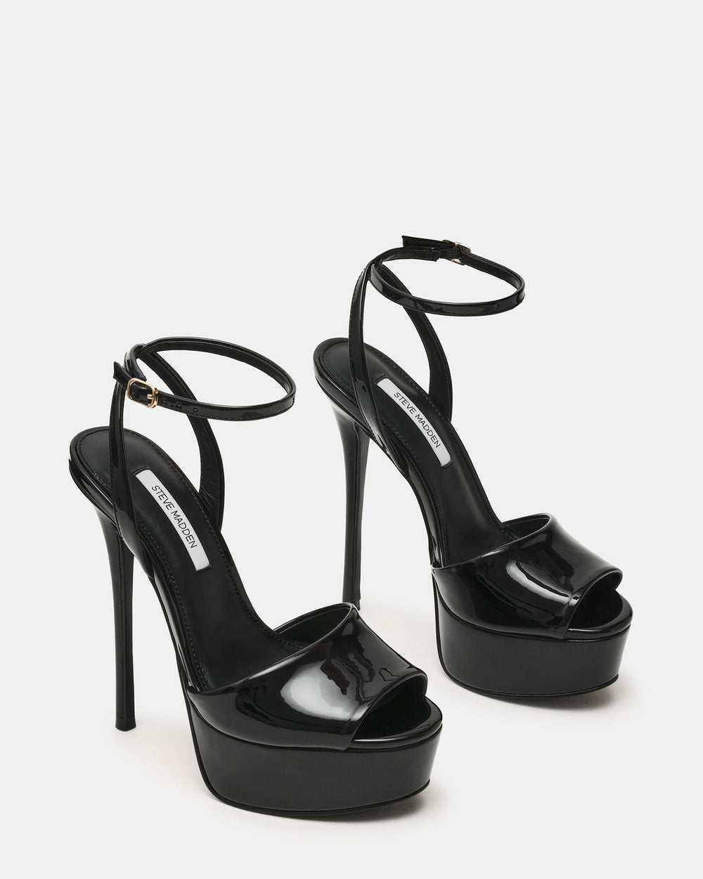 JEZZICA Black Patent Platform Stiletto Ankle Strap Women's Heel | Steve Madden Sale