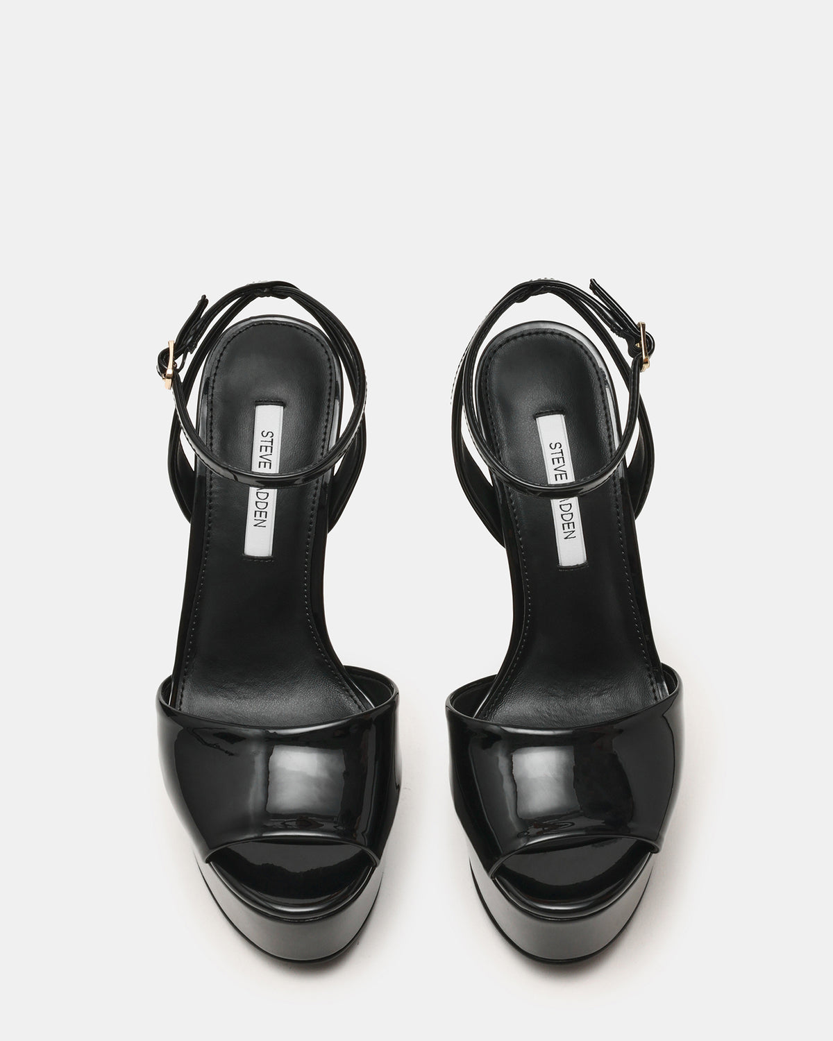 JEZZICA Black Patent Platform Stiletto Ankle Strap Women's Heel | Steve Madden Sale