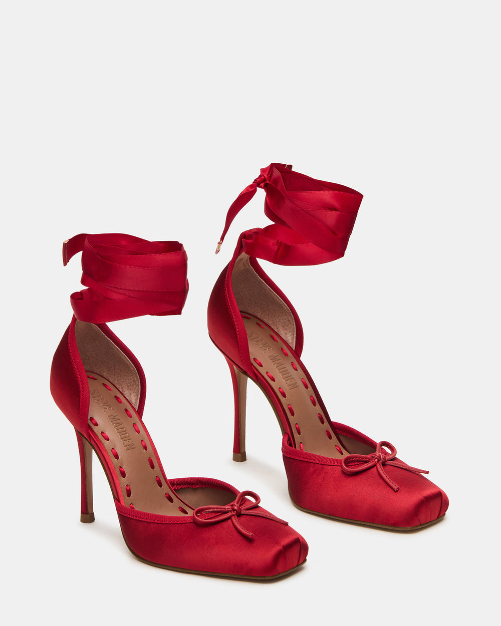 LARINA Red Satin Square-Toe Stiletto Pump Lace-Up Women's Heel | Steve Madden US