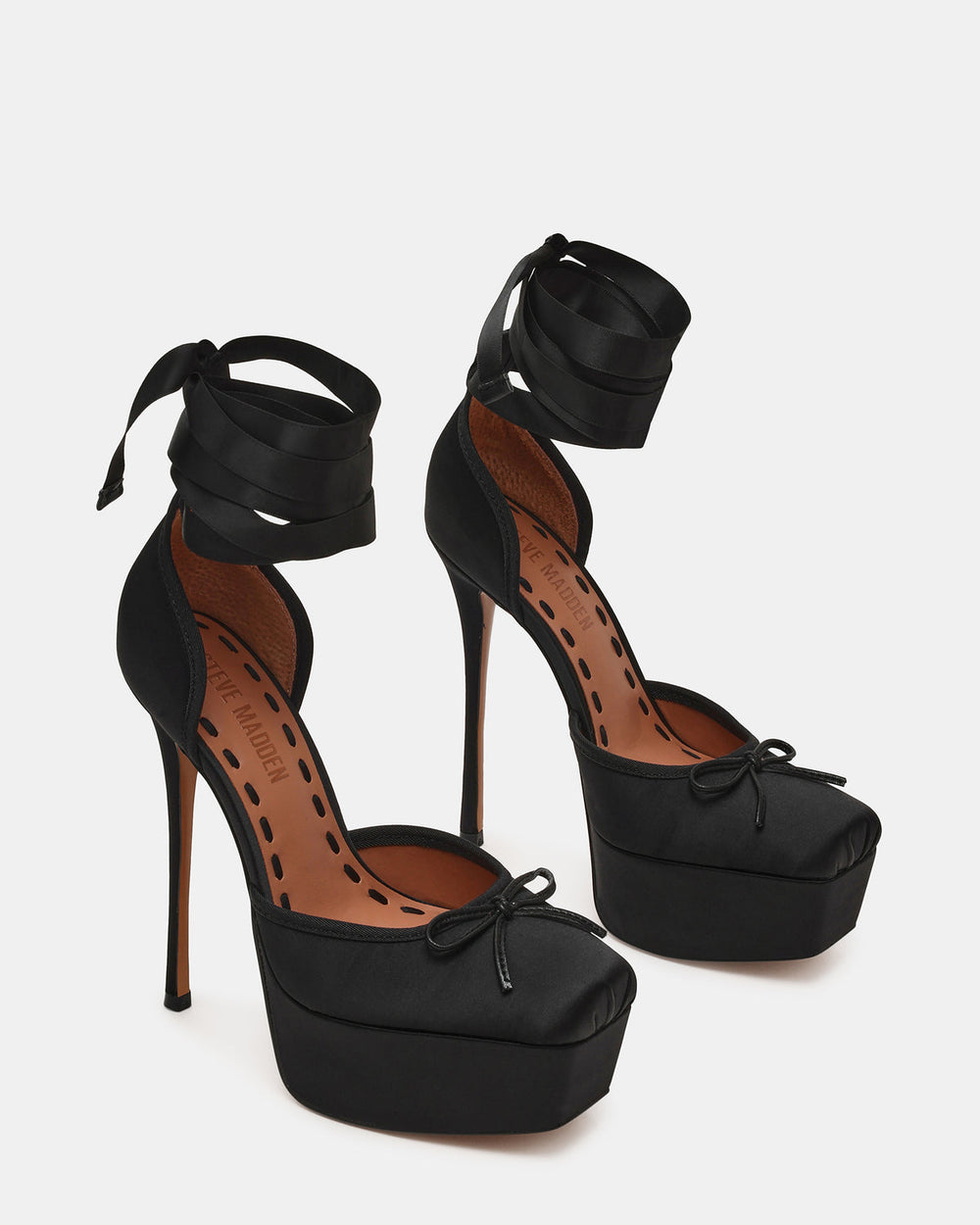 LISTEN Black Satin Stiletto Pump Lace-Up Women's Heel | Steve Madden Sale