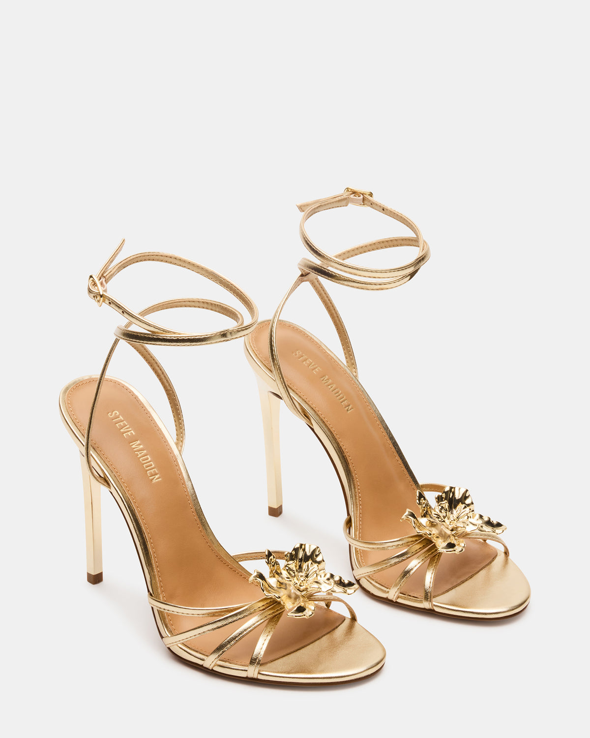 SWIRL Gold Strappy Stiletto Flower Women's Heel | Steve Madden outlet