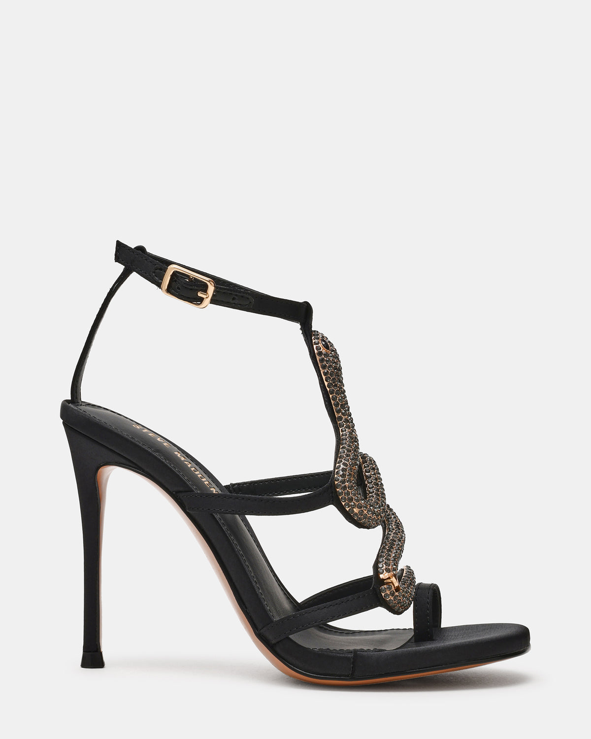 PYTHON Black Rhinestone Snake Stiletto Strappy Women's Heel | Steve Madden US