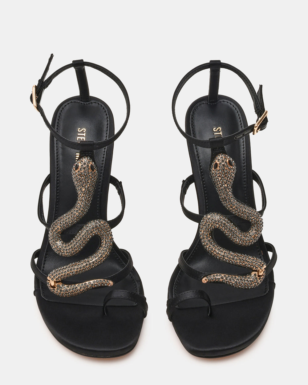 PYTHON Black Rhinestone Snake Stiletto Strappy Women's Heel | Steve Madden US