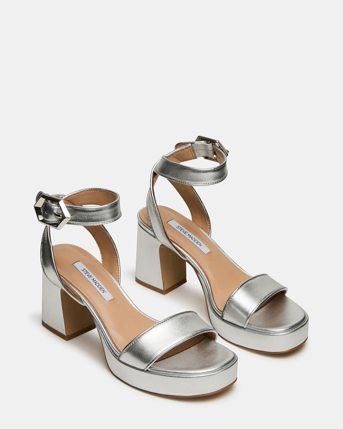 ELIDA Silver Leather Ankle Strap Platform Women's Block Heel | Steve Madden for Sale