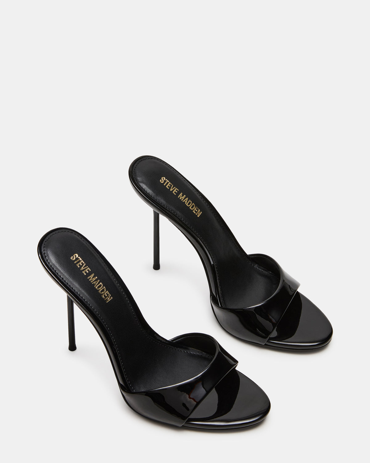 DAVINA Black Patent Rounded Open-Toe Mule Stiletto Women's Heel | Steve Madden outlet
