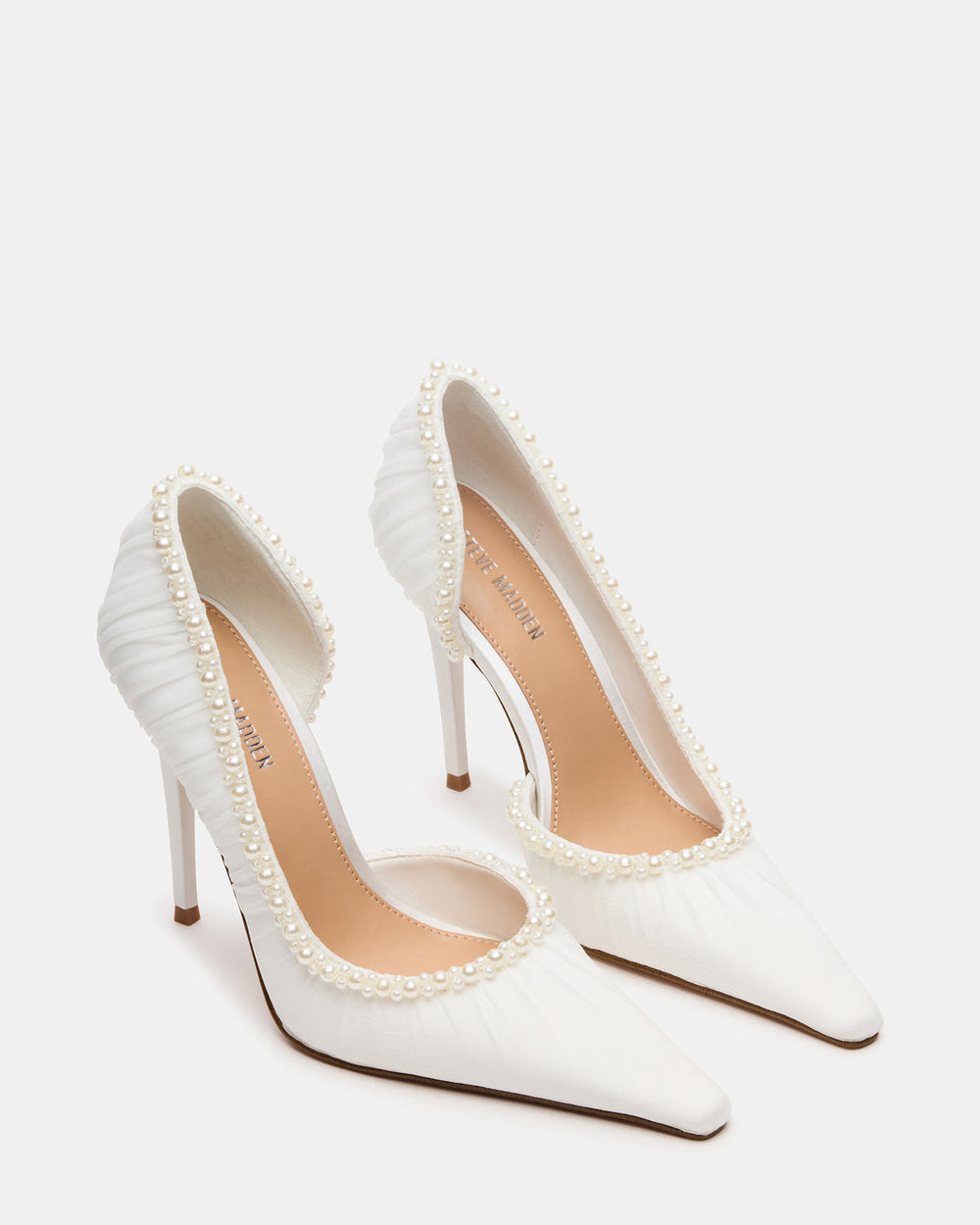 ELEGANT Pearl Ivory Mesh Ruched Pointed-Toe Stiletto Pump Women's Heel | Steve Madden near me