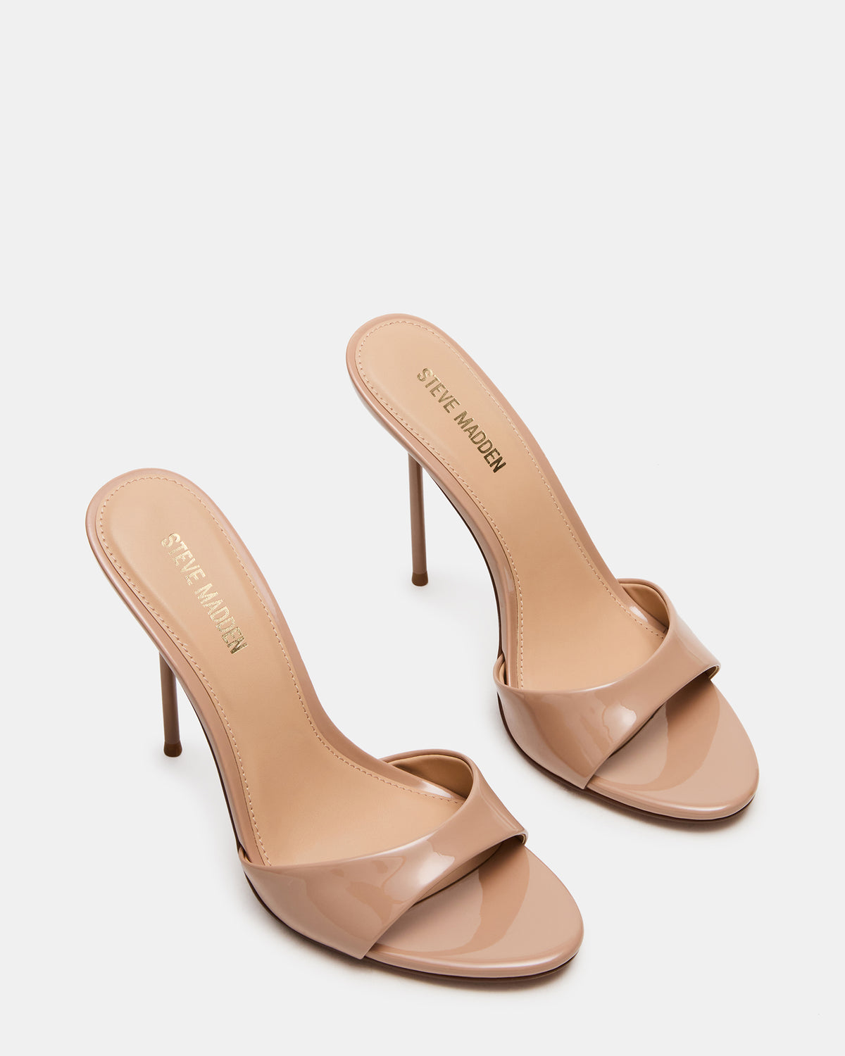 DAVINA Tan Patent Rounded Open-Toe Mule Stiletto Women's Heel | Steve Madden US