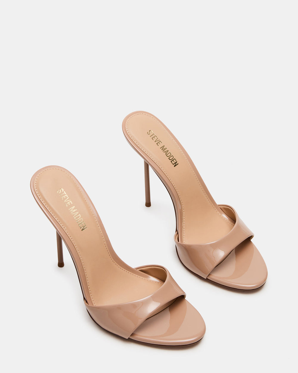 DAVINA Tan Patent Rounded Open-Toe Mule Stiletto Women's Heel | Steve Madden US